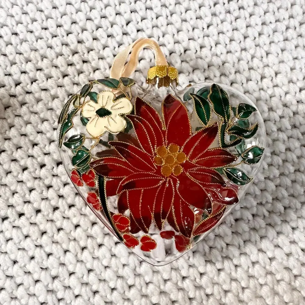 Pier 1 Imports Cloisonne Poinsettia Holiday Christmas Heart Ornament In Box 2019